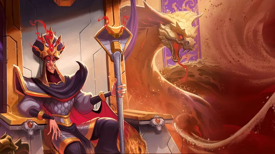 Jafar and the golden sand serpent key art from the Disney Lorcana Reign of Jafar set